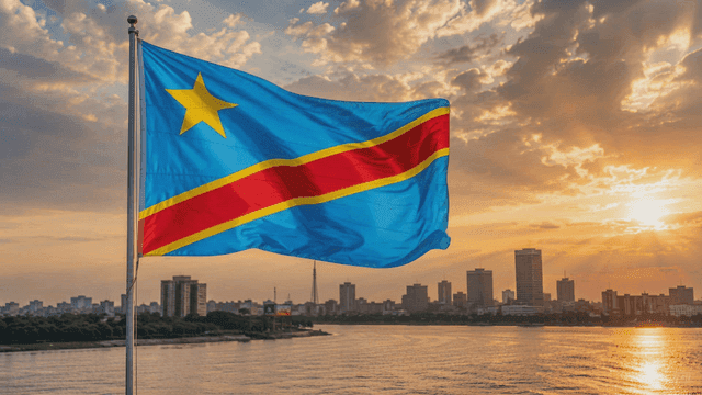 Flag of Democratic Republic of Congo and city skyline at sunset