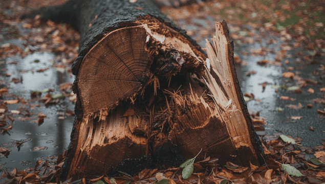 젖은 숲길에 쓰러진 나무