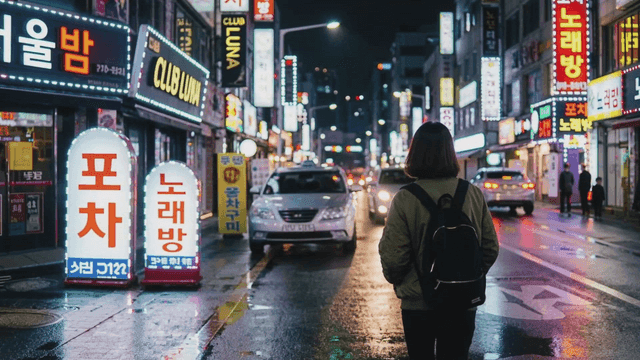 Back view of woman walking down lively city street at night