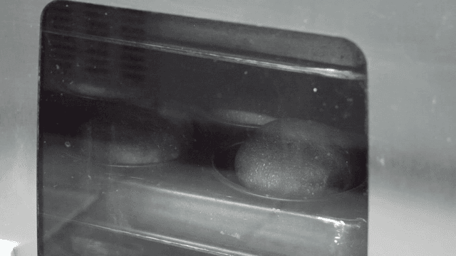 오븐에서 검은 빵이 구워지는 과정