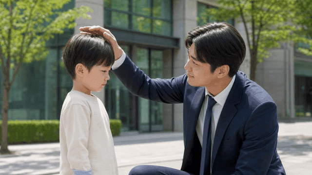 Man in suit gently strokes child's head