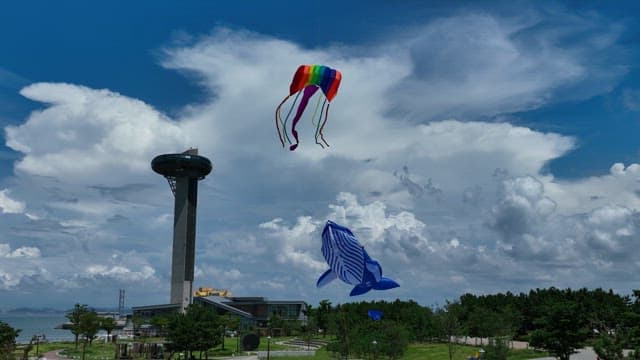 Colorful Kites Flying in a Blue Sky with White Clouds