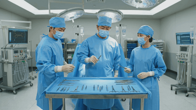 Surgeons preparing tools in an operating room