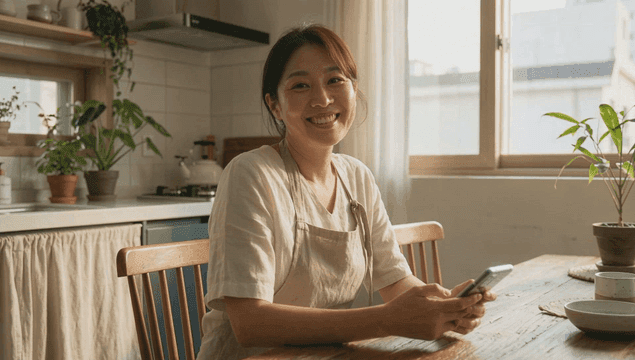 스마트폰을 사용하는 미소 짓는 여성