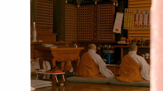 Backs of monks meditating in quiet temple