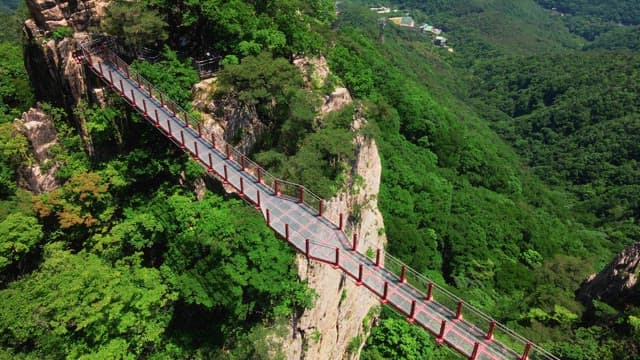 Tree-covered rocky mountain with a red suspension bridge visible