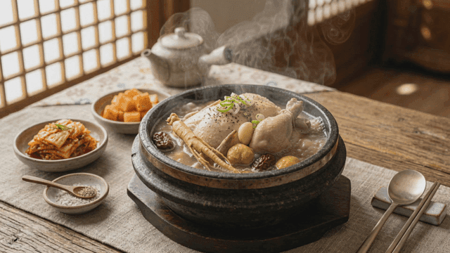 Samgyetang with side dishes on a table