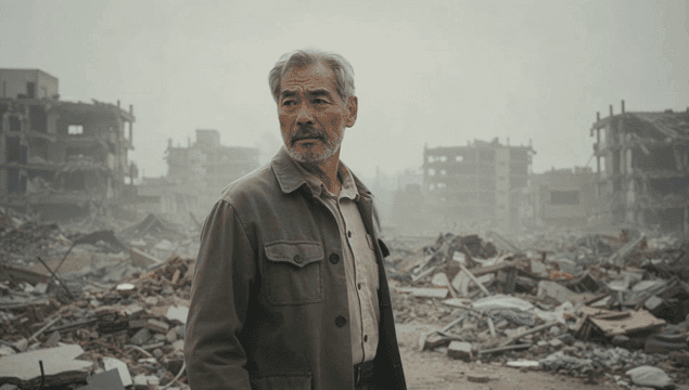 폐허 속에 서 있는 노인