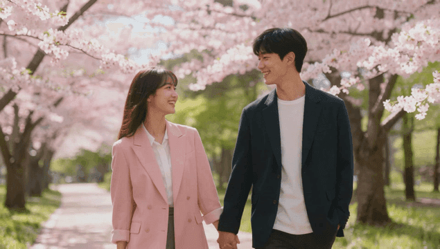 벚꽃 아래 공원 길을 걷는 커플