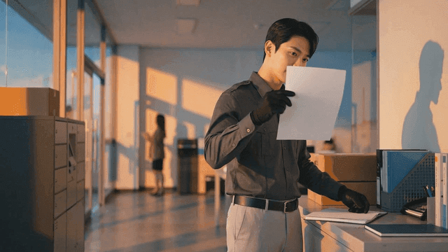 Office worker reviewing documents at sunset