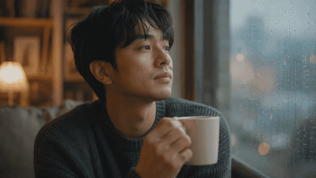 Man drinking coffee by rainy window
