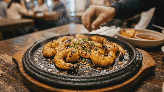 Grilled shrimp sizzling on hot iron plate