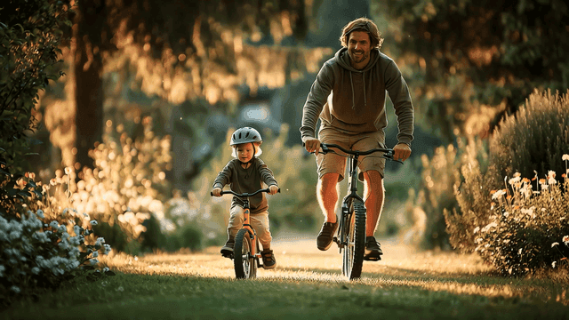 햇살이 비치는 숲에서 자전거 타는 아빠와 아이