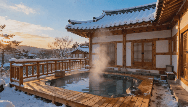 눈 덮인 전통 한옥 온천