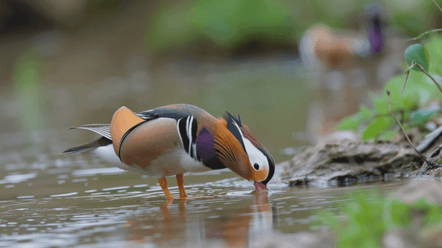 Colorful mandarin ducks foraging in stream