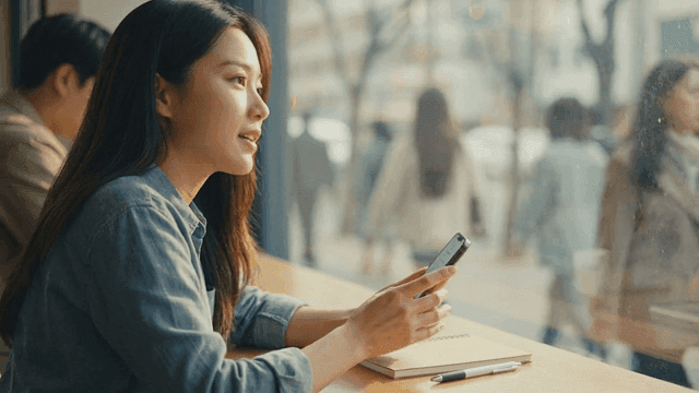 Woman smiling while looking at her smartphone in cafe
