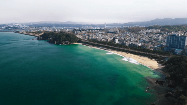 모래 해변과 숲이 있는 해안 도시