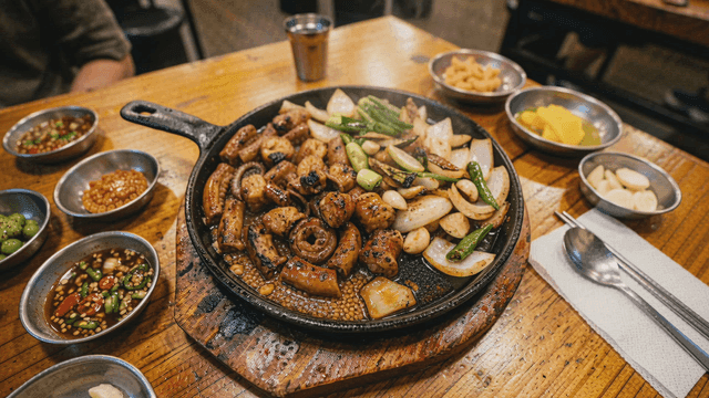 Grilled intestines and vegetables on a hot plate