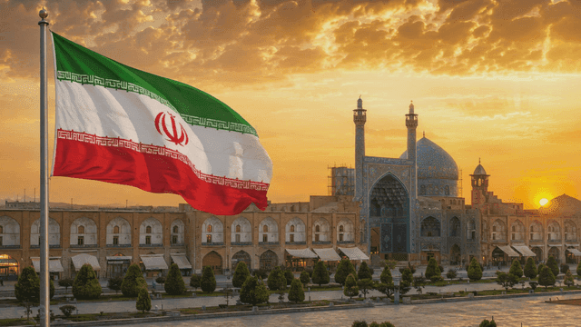 Magnificent mosque with Iranian flag at sunset