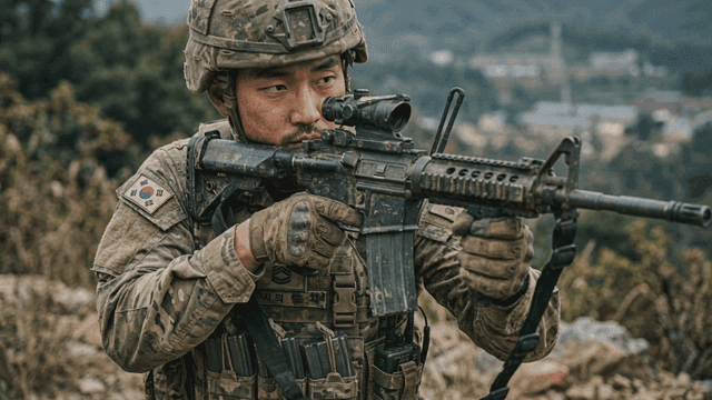 Soldier aiming rifle in forest.