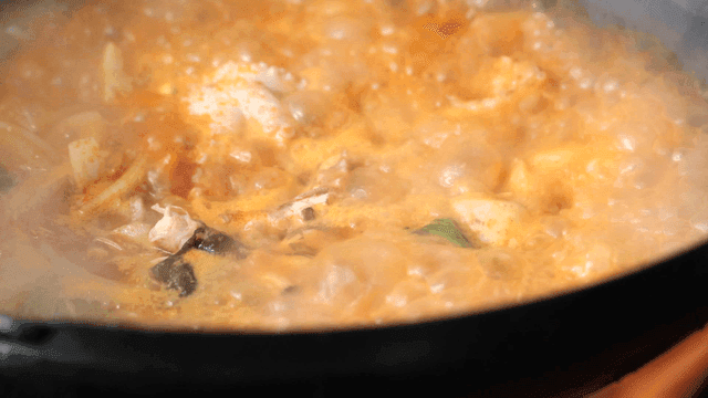 Spicy seafood Jjamppong broth boiling in pot