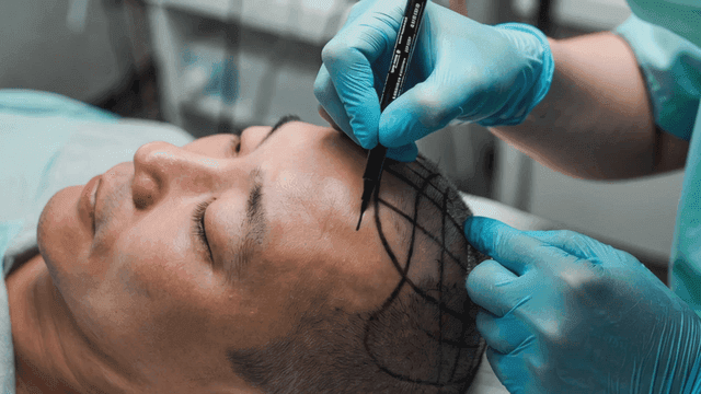 Doctor marking hair transplant site on hair loss patient's scalp.