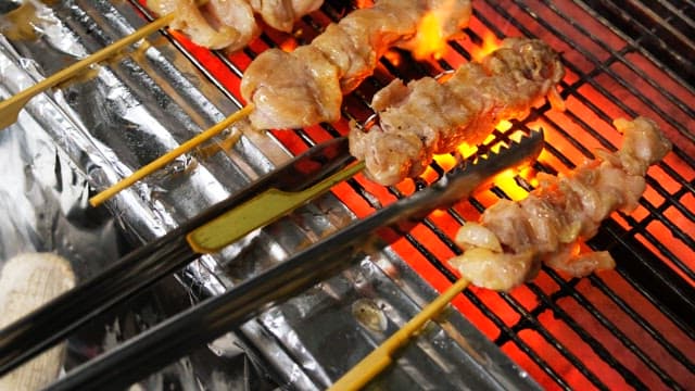 Skewered meat grilling over hot coals