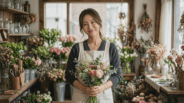 Florist holding bouquet at flower shop