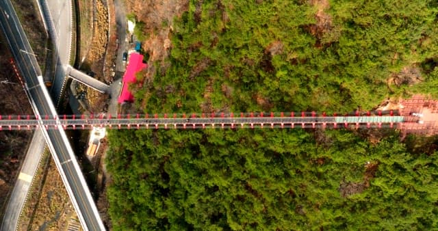 Aerial View of Red Suspension Bridge Over Road