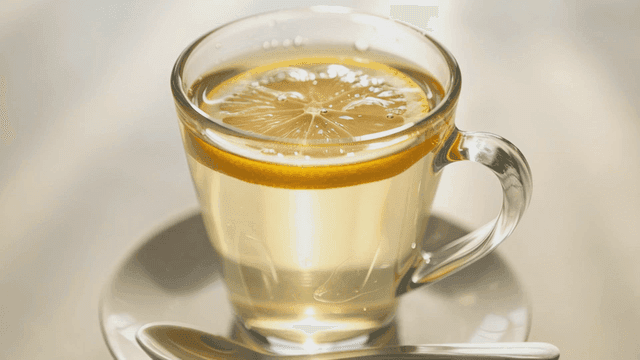 레몬 조각이 들어간 레몬차 한 잔