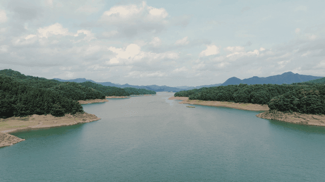 푸른 숲 사이로 흐르는 고요한 호수