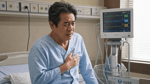 An elderly man in a hospital room clutching his chest
