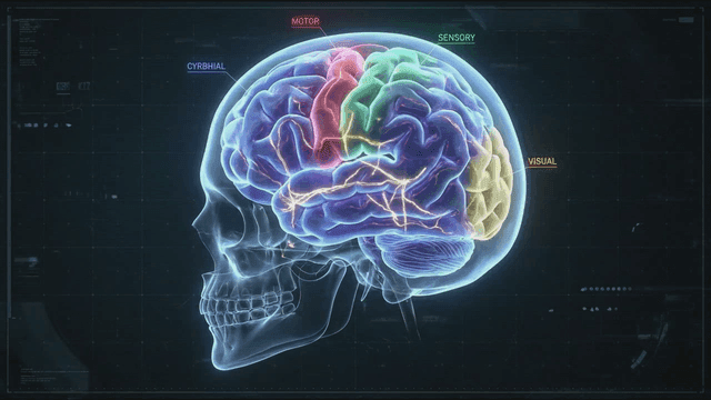Detailed view of human brain labeled by function