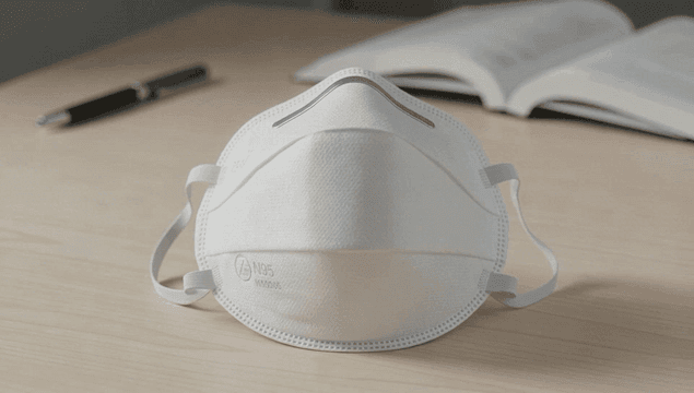책상 위의 방진 마스크와 책