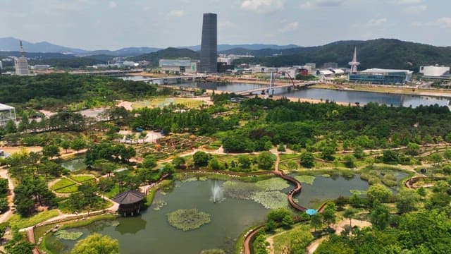 Green park with cityscape background