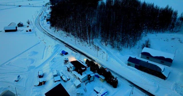 Snow-covered village with twilight skies