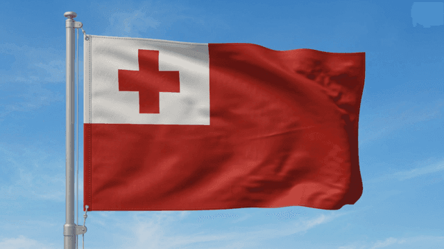 Flag of Kingdom of Tonga fluttering under clear sky