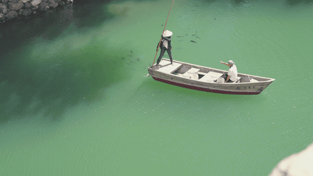 두 사람이 녹색 강에서 배를 타고 낚시하는 모습