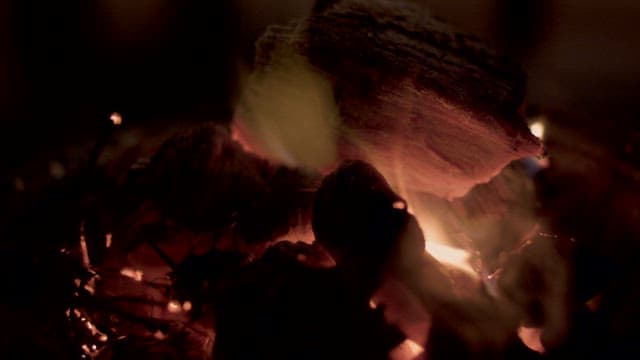 밤에 따뜻한 장작 속에서 타오르는 불씨