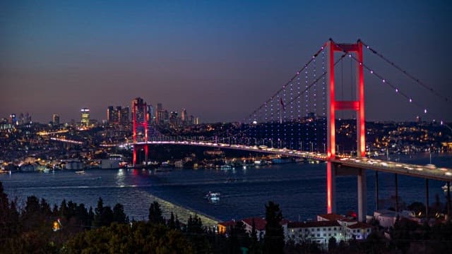 Illuminated Bosphorus Bridge Over Bustling City at Twilight