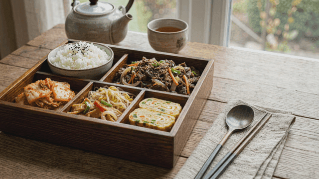 Korean lunchbox with rice and side dishes