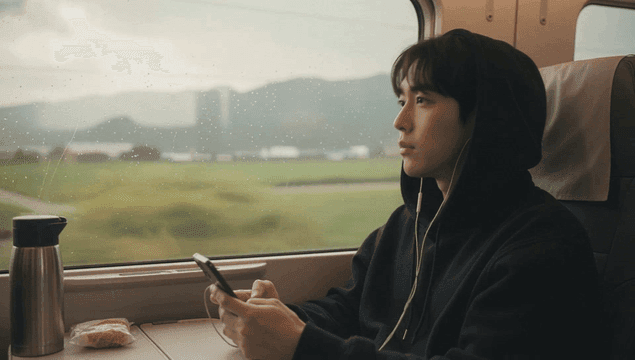 Young man wearing earphones and looking at a smartphone on a train