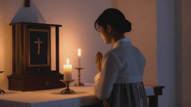 Woman wearing traditional Hanbok praying in front of candle