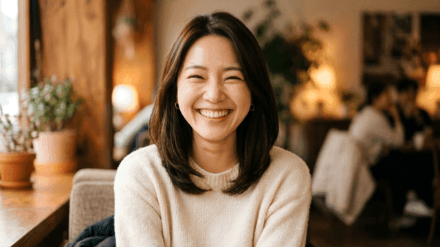 아늑한 카페에서 따뜻하게 미소 짓는 여성