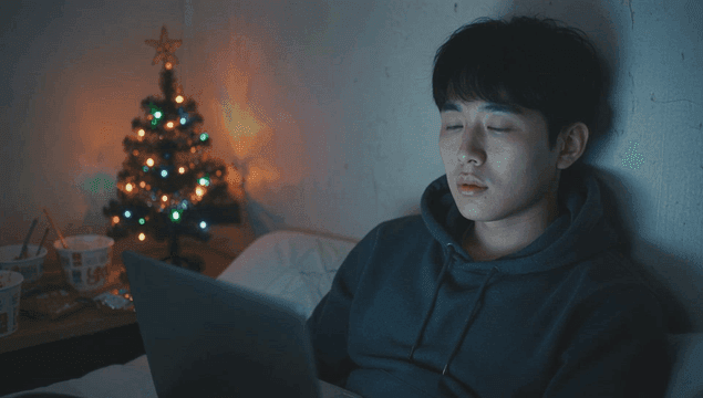 크리스마스 트리가 있는 어두운 방에서 노트북을 사용하는 젊은 남성