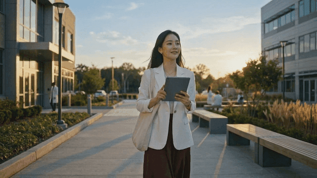Female office worker walking with tablet