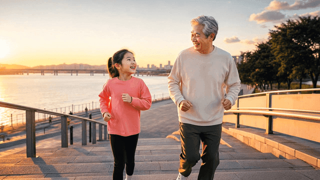 Grandfather and granddaughter jogging by the river