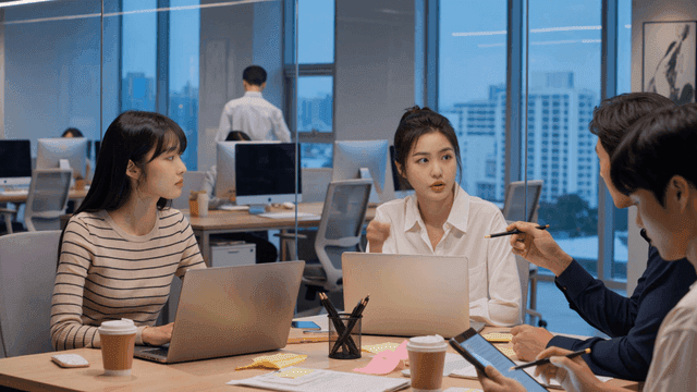 Office workers having meeting with laptops and notes