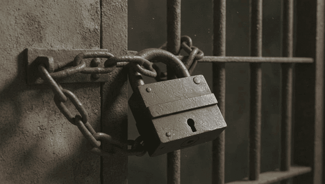 금속 문에 녹슨 자물쇠와 체인