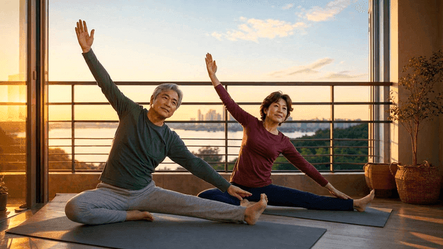 Elderly couple doing yoga at sunrise